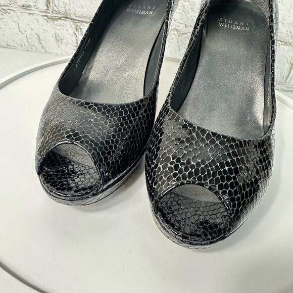 Stuart Weitzman Heels Leather Croc Snake Pattern Patent Peep Toe Pump Black 7.5 - Picture 8 of 12